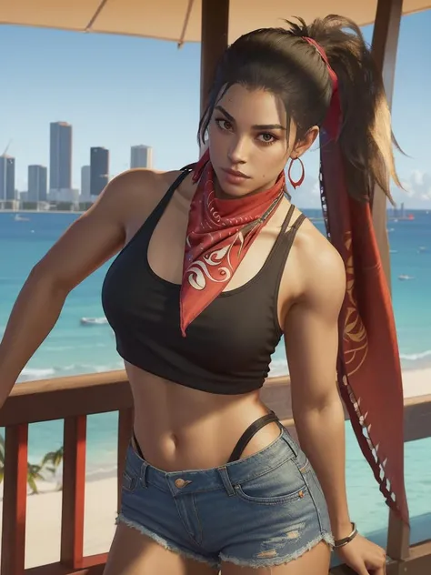 <lora:gtalucia9-3216-03:1> gtluc, a woman,ponytail,red bandana, black tank top,denim shorts,miami,masterpiece,8k