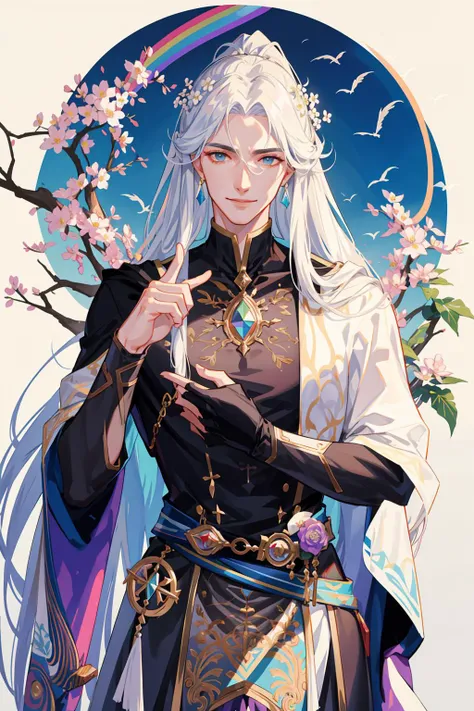 masterpiece, best quality, 1 male, adult, handsome, tall muscular guy, white long hair, fantasy, complex pattern, detailed face, throne, upper body, best ratio four finger and one thumb, rainbow effect, prism, spring, flower, smile