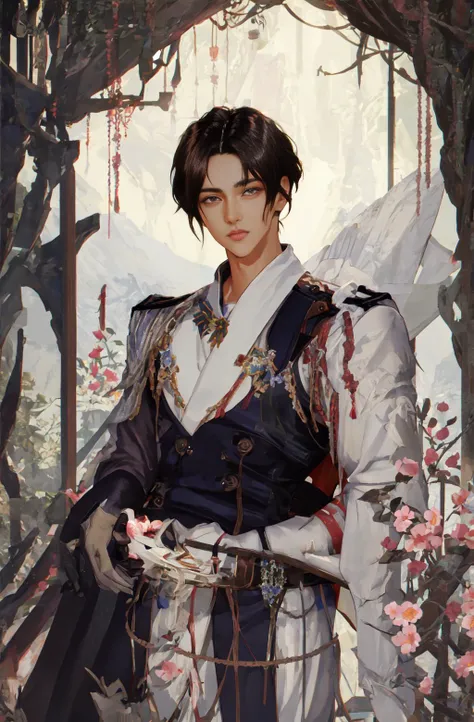 ((masterpiece:1.2, best quality)), 1man, black hair, brown eyes, (handsome:1.4), white suit, fantasy, uniform, royal, Forest, flowers blooming, Sunlight, Fantastic light and shadow, beautiful eyes, Scenery, extremely detailed face, <lora:gufeng:0.7>