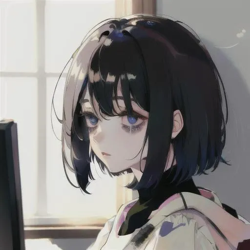 masterpiece, best quality, bags under eye, 1girl, girl, cute girl, short hair,  sleepy, tired, detailed eyes. ultra detailed, beautiful girl, circles under eyes, depressed, looking at computer, dark room, light from computer, messy hair, 
 <lora:conceptBagsUnderEyes_v10:1.5>