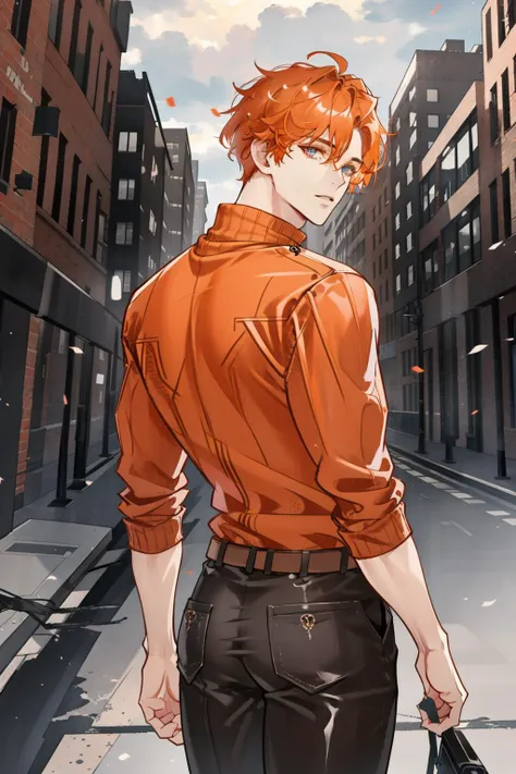 masterpiece, best quality, 1 male, adult, handsome, tall muscular guy, broad shoulders, finely detailed eyes and detailed face, extremely detailed CG unity 8k wallpaper, intricate details, orange hair, old leather jumper, black leather pants, looking back, abandoned city, grey sky, depth of field