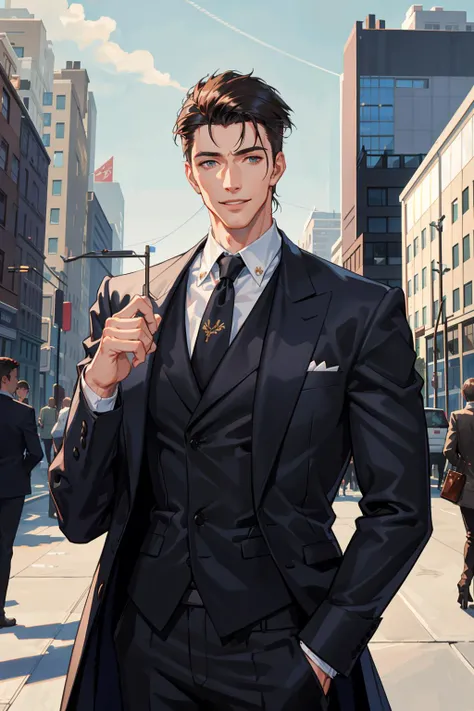 masterpiece, best quality, 1 male, handsome, tall muscular guy, very short hair, upper body, best ratio four finger and one thumb, neat suit and coat, modern urban scenery, street, skyscraper, afternoon, best light and shadow, smile, pomade