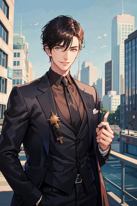 masterpiece, best quality, 1 male, handsome, tall muscular guy, very short hair, upper body, best ratio four finger and one thumb, neat suit and coat, modern urban scenery, street, skyscraper, afternoon, best light and shadow, smile, pomade