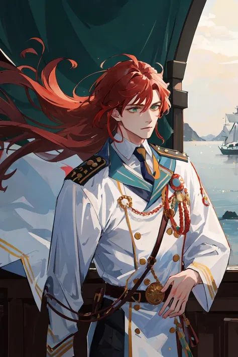 ((masterpiece:1.2, best quality)), 4k, adult, 1man, male, mature, aged up, verytall, muscles, broad shoulders, long red hair, green eyes, naval officer, commander, white cloak, landscape, strong wind