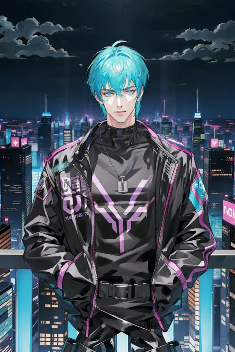 masterpiece, best quality, 1 male, handsome, tall muscular guy, Cyberpunk, motorcycle, neon hair, holographic, black jacket, intense run, speed, night city, neon sign, skyscraper, depth of field, from directly above, Cyan, Magenta