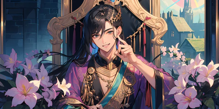 masterpiece, best quality, 1 male, adult, handsome, tall muscular guy, thigh focus, light long hair, fantasy, complex pattern, detailed face, throne, upper body, best ratio four finger and one thumb, rainbow effect, prism, spring flower, smile