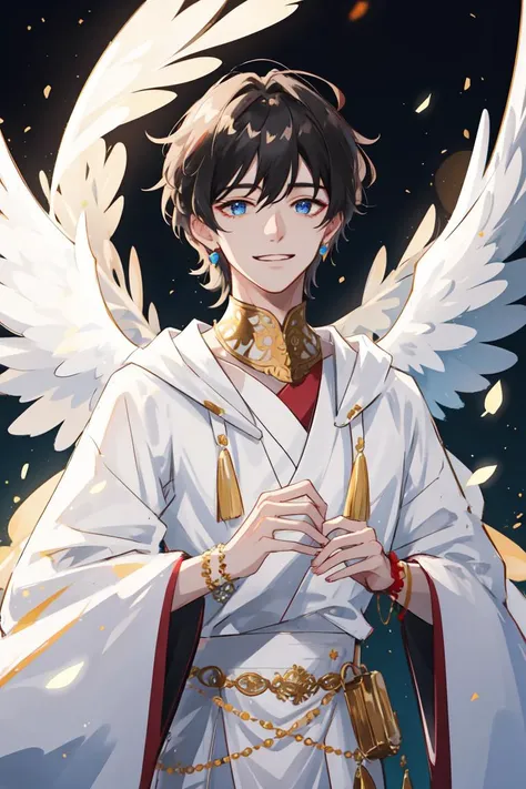 ((masterpiece:1.2, best quality)), 4k, 1boy, adult, male focus, aged up, angel wings, lens flare, colorful, glow white particles, white robe, gold bracelets and accessories, prism, glowing, glitter, particles, bloom, likes to celebrate and have fun, enjoys nature, bright and optimistic outlook, creative and adventurous spirit, represents happiness and harmony