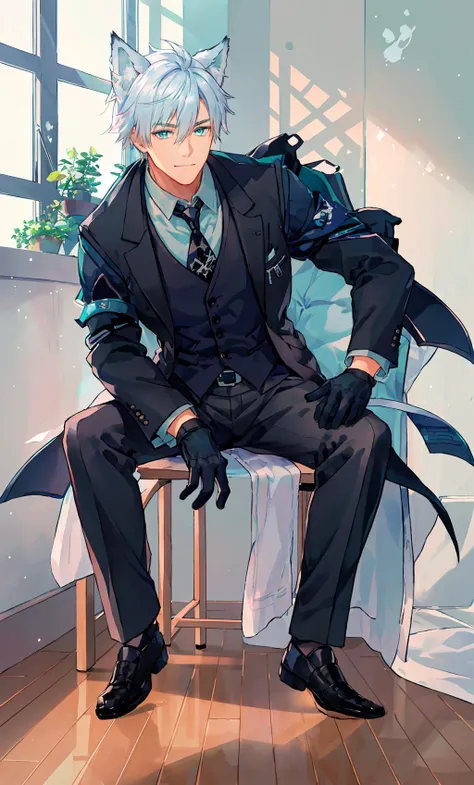 <lora:steward:0.54:MIDD> ,1boy, (silver_hair), transparent eyes, fox ears, (big aqua_eyes), fox tail, hair_between_eyes, male_focus, portrait, smile, ((solo)), black_gloves, black_jacket, black_pants, closed_mouth, upper body, gloves, hand_in_pocket, jacket, looking_at_viewer, male_focus, pants, shirt, solo, standing, vest, indoors, chair, sitting, ray tracing, (god rays)