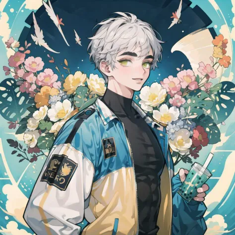 (masterpiece:1.2), (best quality), (ultra detailed), (8k, 4k, intricate),upper body, (highly detailed:1.2),(detailed face:1.2), (detailed background),detailed landscape, (dynamic angle:1.2), (dynamic pose:1.2),<lora:more_details:0.5> <lora:2dcharacter:0.7>  ((2dcharacter)),looking at viewer,short hair, male, ((1boy)), niji, muscles, full body, male focus, cool, smiling, <lora:Rabbit (wlsdnjs950):1.0>, handsome, cute, white hair, summer, fullbody, summer clothes, shorts, thick eyebrows, bright colors, Graffiti, juice, bubble tea, boba, techwear jacket, streetwear, water particles, floating water, <lora:Grafitti:0.8>, lime green, yellow eyes