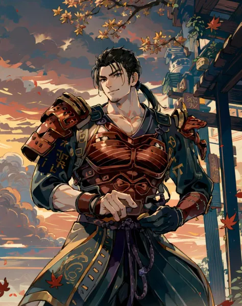 masterpiece, best quality, mitsurugi, 1boy, solo, male focus, muscular male, low ponytail, looking away from viewer, from below, closed mouth, smile, samurai, fall leaves, sunset, cloud, depth of field, ambient light, absurdres <lora:mitsurugiSC6_LoRA:1.0>