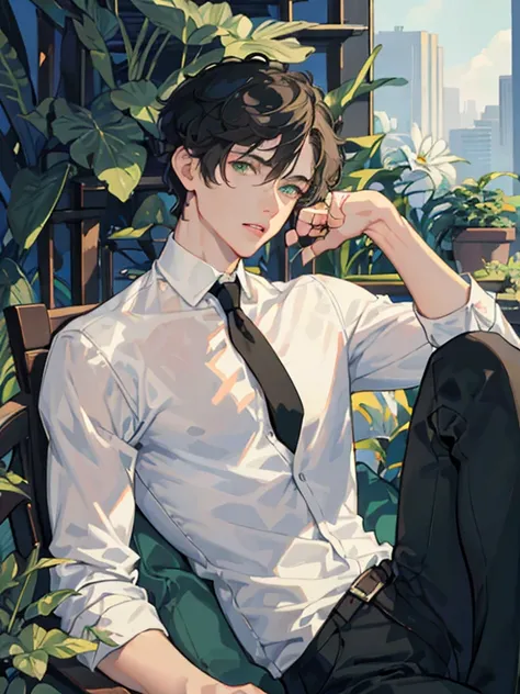 masterpiece, best quality, 1 male, handsome, dark green eyes, short white curly hair, tall muscular guy, very short hair, white shirt and black pants, best ratio four fingers and one thumb, best light and shadow, the background is a modern city, detailed sunlight, sitting, dappled sunlight, day, depth of field, plants, summer