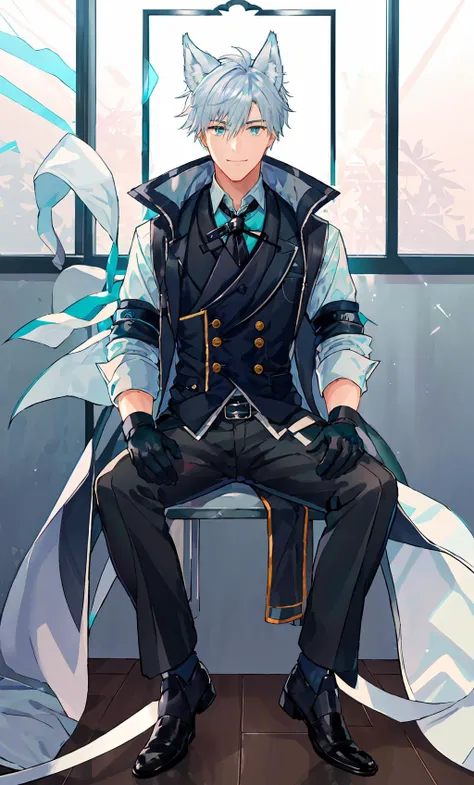 <lora:steward:0.54:MIDD> ,1boy, (silver_hair), transparent eyes, fox ears, (big aqua_eyes), fox tail, hair_between_eyes, male_focus, portrait, smile, ((solo)), black_gloves, black_jacket, black_pants, closed_mouth, upper body, gloves, hand_in_pocket, jacket, looking_at_viewer, male_focus, pants, shirt, solo, standing, vest, indoors, chair, sitting, ray tracing, (god rays)