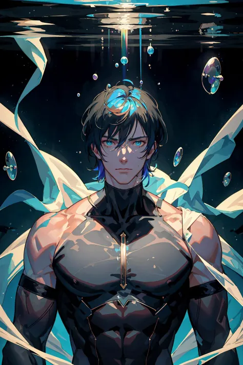 masterpiece, best quality, 1 male, adult, mature, tall muscular guy, Dark theme, Magic circle, bubble, rainbow Sunlight, Underwater, Reflected mirror, floating piece of Glass, Rainbow light, Bubble Swirling, wind Swirling, Aurora, fantasy scenery, Starlight around the character, (upper body)