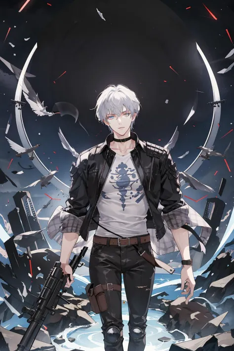masterpiece, best quality, 1 male, adult, handsome, tall muscular guy, broad shoulders, finely detailed eyes and detailed face, extremely detailed CG unity 8k wallpaper, intricate details, intricate details, very short hair, undercut, grunge, serious expression, big arms, dark, old leather jacket, white t-shirt, medieval dark leg armor pants, neon motion stream, glowing lights, Grenade Launcher weapon, bright white energy streams of lights, rim lighting, sf, Apocalypse, from above, depth of field