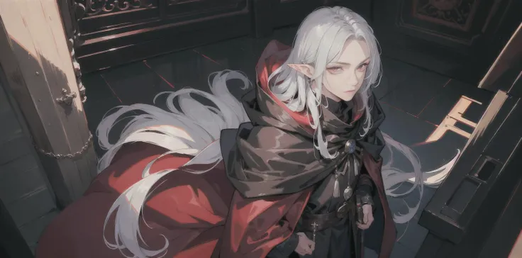 ((masterpiece:1.2, best quality)), boy, tall, long silver hair, straight hair, thin, red eyes, ((Detailed eyes)), ((wearing a black cloak)), small pointy ears,  Magic Academy background,  realistic lighting, hdr