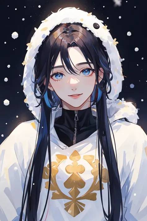 ((masterpiece:1.2, best quality)), 4k, adult, 1man, male, royal, nobleman, forehead, long straight hair, blue hair, gold eyes, winter, snow, night, [[smile]]