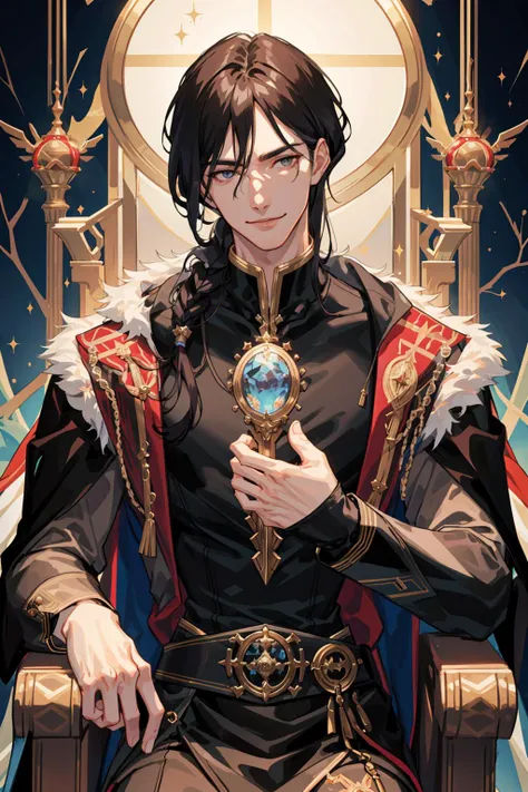 masterpiece, best quality, 1 male, adult, mature, handsome, tall muscular guy, dark color hair, fantasy, complex pattern, detailed face, throne, magic effect, upper body, best ratio four finger and one thumb, ice, bitter cold, cold snap, smile