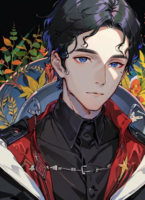absurdres, (((masterpiece))), portrait, beautiful man, 1boy, dark black hair, dynamic composition, <lora:vividImpactfulStyle_v40g:0.8>, vvi\(face\), vvi\(eyes\)