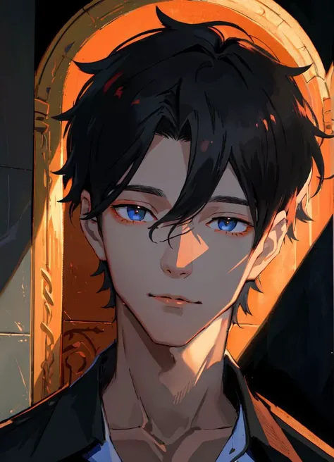 absurdres, (((masterpiece))), portrait, beautiful man, 1boy, dark black hair, dynamic composition, <lora:vividImpactfulStyle_v40g:0.7>, vvi\(face\), vvi\(eyes\)