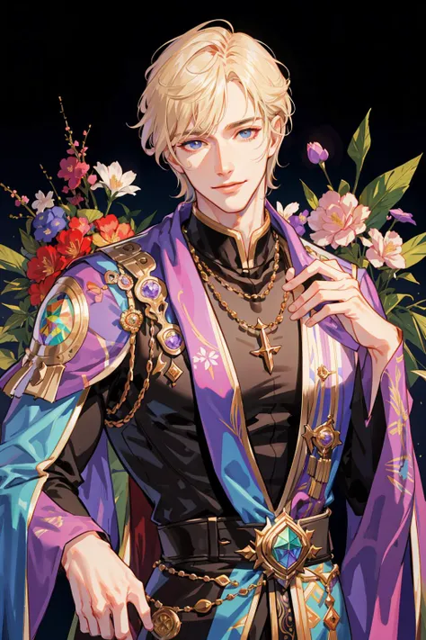 masterpiece, best quality, 1 male, adult, handsome, tall muscular guy, light hair, fantasy, complex pattern, detailed face, throne, upper body, best ratio four finger and one thumb, rainbow effect, prism, spring flower, smile