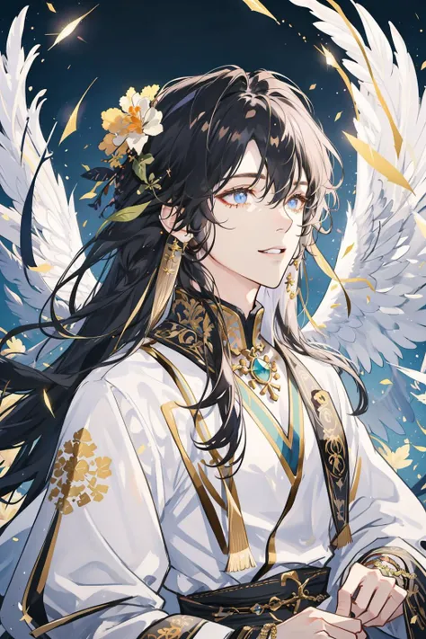 masterpiece, best quality, 1 male, adult, handsome, tall muscular guy, broad shoulders, finely detailed eyes and detailed face, extremely detailed CG unity 8k wallpaper, intricate details, pastel color long hair, fantasy, complex pattern, detailed face, angel wings, lens flare, colorful, glow white particles, white robe, gold bracelets and accessories, prism, glowing, glitter, particles, bloom, likes to celebrate and have fun, enjoys nature, bright and optimistic outlook, creative and adventurous spirit, represents happiness and harmony, depth of field