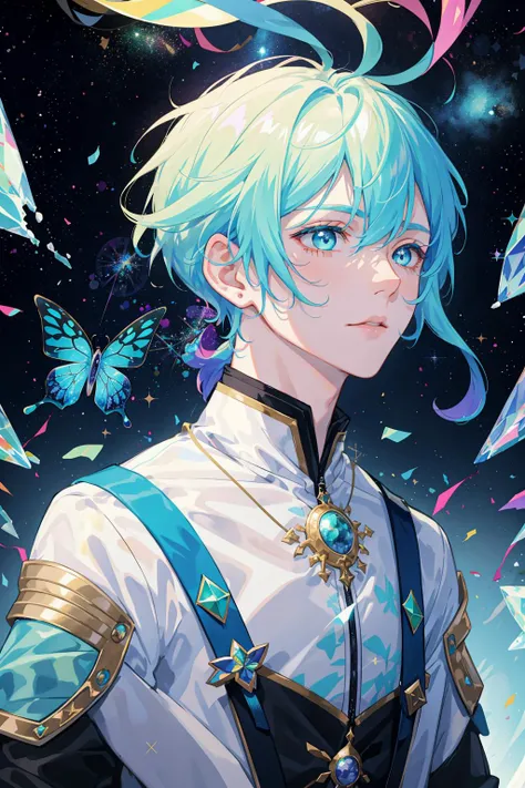 masterpiece, best quality, 1 boy, male focus, pastel rainbow hair, aqua eyes, from side, space, galaxy, milky way, starry sky, glitter, astrology, broken glass, rainbow light, swirling wind, extremely detailed face, Shining white particles, rainbow-colored butterfly