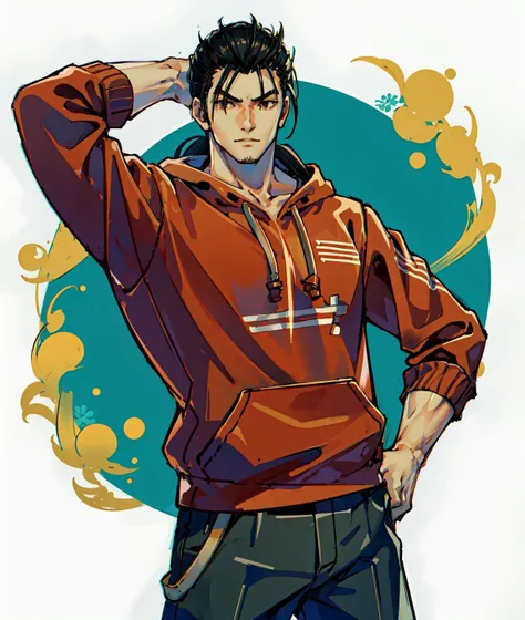 masterpiece, best quality, mitsurugi, 1boy, solo, male focus, muscular male, manly, ponytail, (casual clothes:1.2), red hoodie, cowboy shot, looking at viewer, highres <lora:mitsurugiSC6:1>