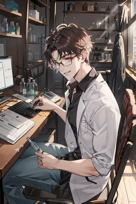 masterpiece, best quality, 1 male, adult, handsome, tall muscular guy, broad shoulders, finely detailed eyes and detailed face, extremely detailed CG unity 8k wallpaper, intricate details, complicated laboratory, mad scientist, messy hair, forehead, glasses, wooden wall, desk full of junk, test tube, bottles, Window, sit on chair, hold test tube, evil smile, from side|from above, depth of field