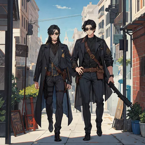 masterpiece, best quality, 2 male,  handsome, tall muscular guy, black hair, full body, long leather trench, black coat, gun sling, gun, holsters, Straps pants, modern urban scenery, street, skyscraper, afternoon, best light and shadow, pomade, sunglasses, <lora:standingFullBodyWithBackgroundStyle_v10Offset:1.2>