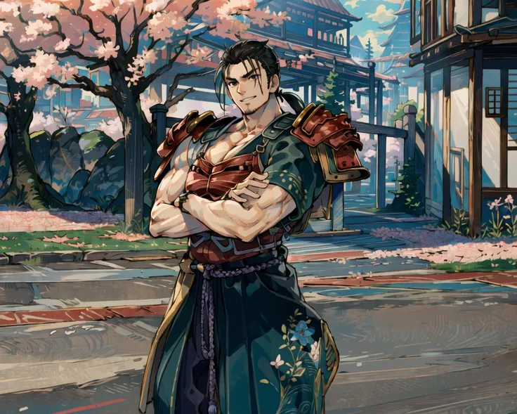 masterpiece, best quality, mitsurugi, 1boy, solo, male focus, muscular male, low ponytail, (looking at viewer:1.2), arms crossed, cowboy shot, grin, village, street, cherry blossoms, day, sunlight <lora:mitsurugiSC6_LoRA:1.0>