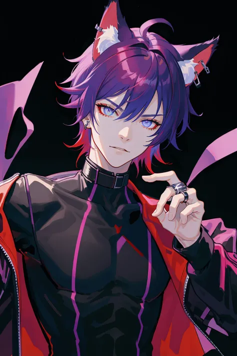 masterpiece, best quality, 1 male, handsome, tall muscular guy, Cyberpunk,  neon red hair, holographic, black jacket, intense run, speed, from directly above, Magenta, crimson hair, cat ear, piercing in ear, neko ears, blackbackground, cat cute ears, neko ears fluffy, purple cat eyes, purple iris, raised hand making the symbol of peace, short hair, gothic rings in hand