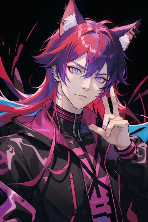 masterpiece, best quality, 1 male, handsome, tall muscular guy, Cyberpunk, neon red hair, holographic, black jacket, intense run, speed, from directly above, Magenta, crimson hair, cat ear, piercing in ear, neko ears, blackbackground, cat cute ears, neko ears fluffy, purple cat eyes, purple iris, raised hand making the symbol of peace
