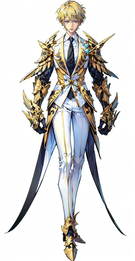 EXOSSTYLE,1boy, male focus, armor, solo, necktie, white background, blue eyes, blonde hair, simple background, standing, gauntlets, formal, full body, greaves, suit, masterpiece, best quality, 4k, insane details, intricate details, ultra detailed,best quality, masterpiece, <lora:EXOS HEROES:0.6> ,<lora:add_detail:0.4> , <lora:OC illustration:0.2>, <lora:halation-noiseoffset-locon-32:-0.2>