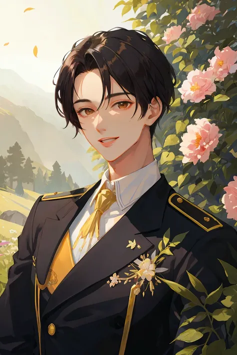 ((masterpiece:1.2, best quality)), 1man, adult, mature, tall muscular guy, very short black hair, undercut, forehead, brown eyes, (handsome:1.4), uniform, fantasy, Forest, flowers blooming, glowing, Sunlight, best light and shadow, Scenery, extremely detailed face, portrait, smile