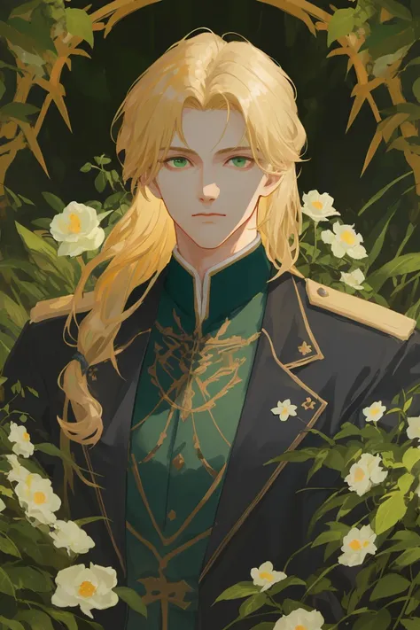 ((masterpiece:1.2, best quality)), 1man, adult, mature, tall muscular guy, long blonde hair, green eyes, handsome, suit, fantasy, uniform, royal, Forest, flowers blooming brightly-bloomed flowers, Sunlight, Fantastic light and shadow, Scenery, extremely detailed face, portrait