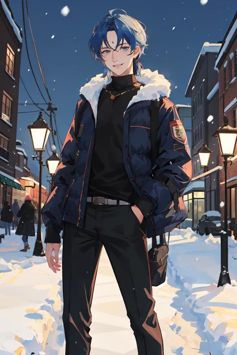 ((masterpiece:1.2, best quality)), 4k, adult, 1man, male, royal, nobleman, forehead, long straight hair, blue hair, gold eyes, winter, snow, night, [[smile]]