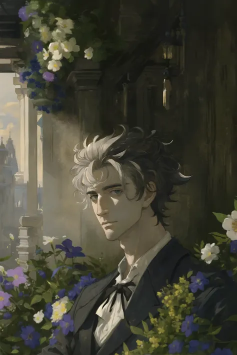 ((masterpiece:1.2, best quality)), 1man, ((male)), adult, mature, tall, messy hair, (light color hair), (victorian), (handsome:1.4), Fantastic light and shadow, Scenery, flowers, extremely detailed face, portrait, face_focus,
<lora:lottalewdsBagsUnder_v1:1> <lora:bouguereauStyle_bouguereauV1:0.8>