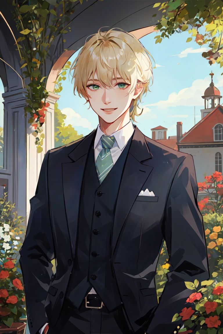 ((masterpiece:1.2, best quality)), 4k, adult, 1man, male, royal, nobleman, very tall, bangs, short straight blonde hair, green eyes, smile, face, portrait, suit, garden