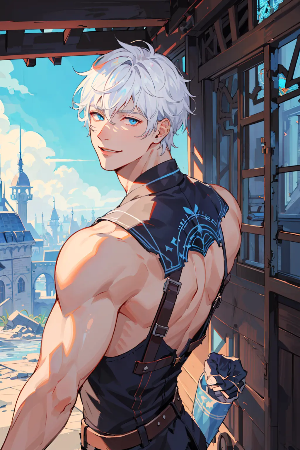 masterpiece, best quality, 1boy, solo, extremely detailed male character, highly detailed fantasy adventure outfit, male focus, muscular male, white hair, looking at viewer, smile, blue eyes, short hair, intricate, abandoned architecture, illustration <lora:husbandoLocon_v33:0.5>