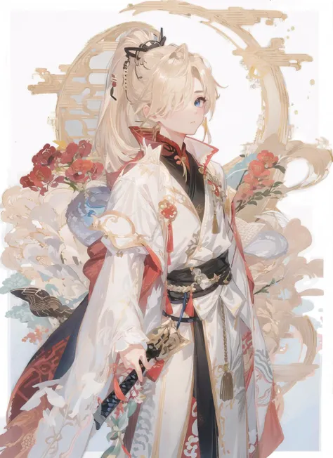 masterpiece, high quality,1boy,looking at viewer,jw3,ponytail,hair over one eye, hair hair over shoulder, blonde hair,(holding sword), moon ,chinese art
<lora:SD_JW3:1>