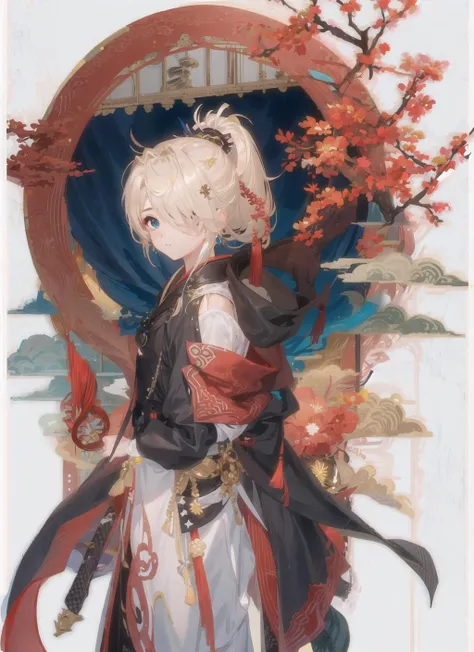 masterpiece, high quality,1boy,looking at viewer,east asian architecture,jw3,short hair,ponytail, hair hair over one eye, hair hair over shoulder, blonde hair,weapon on back,   <lora:SD_JW3:1>
