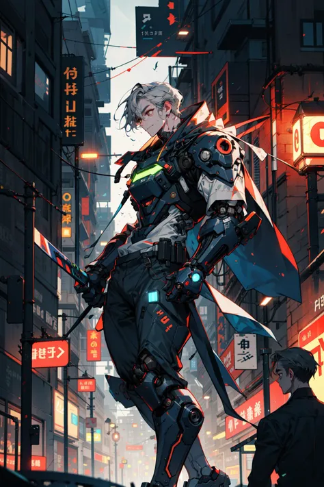 (absurdres, highres, ultra detailed, masterpiece, best quality), full body, dutch angle, finely detailed eyes and detailed face, intricate details, complex background, cinematic lighting, 1boy, mature, handsome, tall muscular guy, broad shoulders, solo, gray hair, brown eyes, Cyberpunks, night sky, streets, modern, future, science fiction, scientific, robotic, neon signs, electronic signboards, illuminated buildings, windows, murky, wet, depth of field, from side, dynamic angle, smile