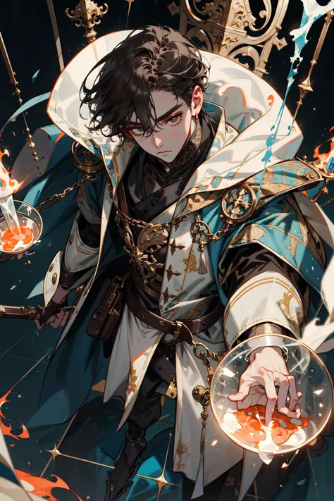 (absurdres, highres, ultra detailed, masterpiece, best quality), full body, dutch angle, finely detailed eyes and detailed face, intricate details, complex background, cinematic lighting, 1boy, mature, handsome, tall muscular guy, broad shoulders, solo, brown hair, black eyes, Medieval alchemist, (victorian theme), goggles workshop in background, alchemical implements metal container test tubes vials beakers potion gunpowder spark, lead flaming liquid blueprint alchemical fomula glowing magical symbols chemistry magical fantasy atmosphere, occult hermeticism shadows, depth of field, from directly above, dynamic angle,