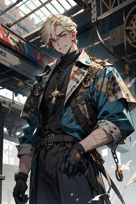 (absurdres, highres, ultra detailed, masterpiece, best quality), cowboy shot, dutch angle, finely detailed eyes and detailed face, intricate details, complex background, cinematic lighting, 1boy, mature, handsome, tall muscular guy, broad shoulders, solo, beige hair, heterochromia, Steampunk, rail, train, train station, glass ceiling, bronze bars, smoke, fumes, exhaust, fog, frost, noisy, complicated, cogwheel, gear, chain, pocket watch, clock, belts, leather jumpers, gloves, daybreak, depth of field, from below, dynamic angle, smile
