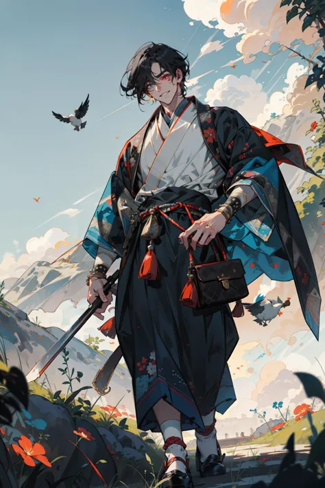 (absurdres, highres, ultra detailed, masterpiece, best quality), full body, dutch angle, finely detailed eyes and detailed face, intricate details, complex background, cinematic lighting, 1boy, mature, handsome, tall muscular guy, broad shoulders, solo, black hair, heterochromia, Farms, walking, loitering pose, goats, sheep, shepherds, plains, mountains in the distance, pastures, grass, weeds, hedges, herders, piper, peaceful, tranquil, secluded, ethnic style, traditional clothing, vibrant patterns, handmade textiles, cultural motifs, beaded jewelry, artisanal accessories, sunset, depth of field, from below, smile