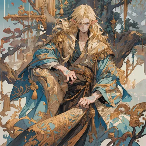 score_9, score_8_up, score_7_up, rating_explicit,
masterpiece, realistic, photo,
1boy, (elf:1.1), age 24 ,solo, intense, sexy, (masculine:0.8), slender, blonde hair,long hairstyle,hair between eyes, shimmering eyes,perfecteyes,eyebrows,earrings,face marking, (tatoos:1.1), flowing elvish robes, relaxing, full body view,
on a cliff surrounded by ancient trees, golden hour, cinematic lighting, artistic, artful,
looking over shoulder , dynamic composition,
(from above view :1.1),
<lora:perfect-eyes:1> ,<lora:xl_more_art-full_v1:.4>