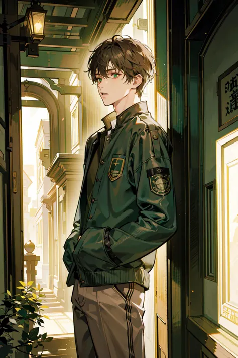 ((best quality, masterpiece, absurbres)), Extreme Detailed, Close-up, Muted, Green, Brown, Beige, 2 Boys, Streetwear Style, Urban Alleyway, Soft Lighting, Casual Poses
