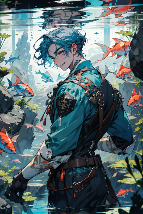 (absurdres, highres, ultra detailed, masterpiece, best quality), cowboy shot, dutch angle, finely detailed eyes and detailed face, intricate details, complex background, cinematic lighting, 1boy, mature, handsome, tall muscular guy, broad shoulders, solo, blue hair, green eyes, underwater, reflection, foam, underwater, water plants, coral, rock, herds of fish, tropical fish, turtles, floundering, floating hair, fantastic, mermaid, depth of field, from back, smile