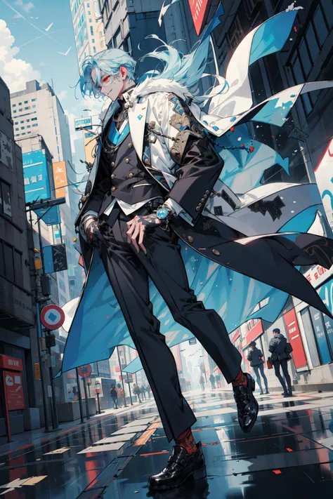 (masterpiece, best quality), full body, dutch angle, finely detailed eyes and detailed face, intricate details, complex background, cinematic lighting, 1boy, mature, handsome, tall muscular guy, broad shoulders, solo, light blue hair, heterochromia, very short hair, best ratio four finger and one thumb, neat suit and coat, modern urban scenery, street, skyscraper, afternoon, best light and shadow, smile, pomade