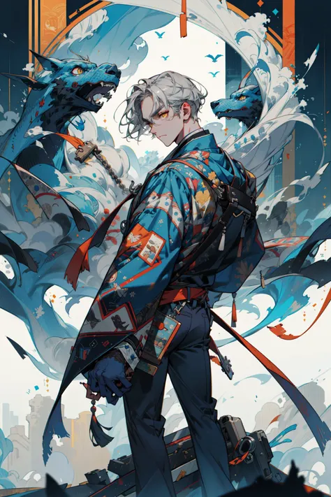 (absurdres, highres, ultra detailed, masterpiece, best quality), full body, dutch angle, finely detailed eyes and detailed face, intricate details, complex background, cinematic lighting, 1boy, mature, handsome, tall muscular guy, broad shoulders, solo, gray hair, yellow eyes, majestic peaks, rugged terrain, panoramic vistas, alpine beauty, outdoor adventure, breathtaking heights, textile art, fiber manipulation, woven designs, fabric collage, quilting, embroidery, innovative techniques, tactile creations, depth of field, from back,